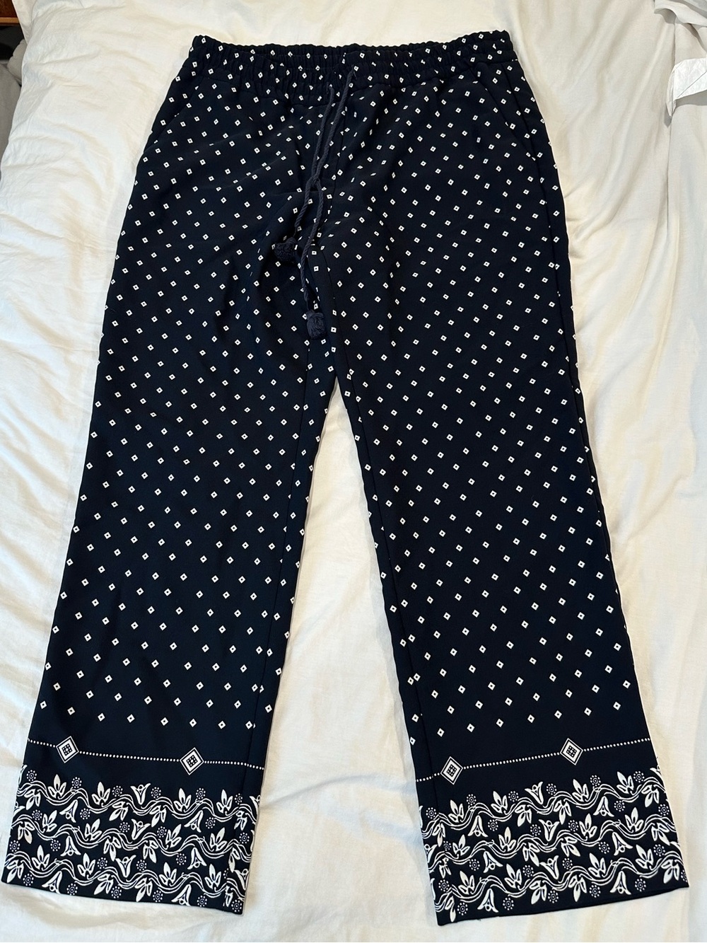 LOFT Navy Wide-Leg Printed Drawstring Pants